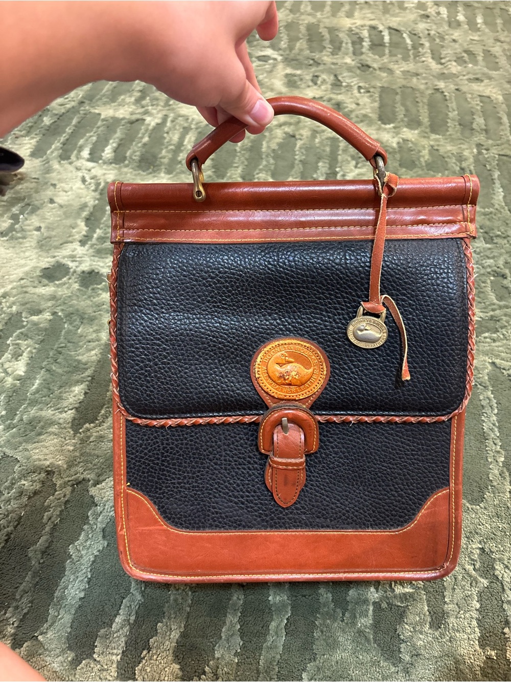 Mens Two-Tone Black and Brown Leather Top-Handle Briefcase